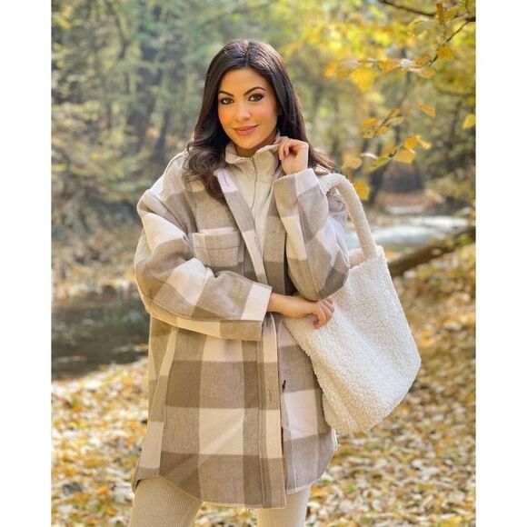 Oversized Shirt Plaid Jacket Shacket Neutrals New - Picture 14 of 16